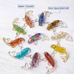 RJINGSHI resin-encased crystal fish close-up showing crystal variety