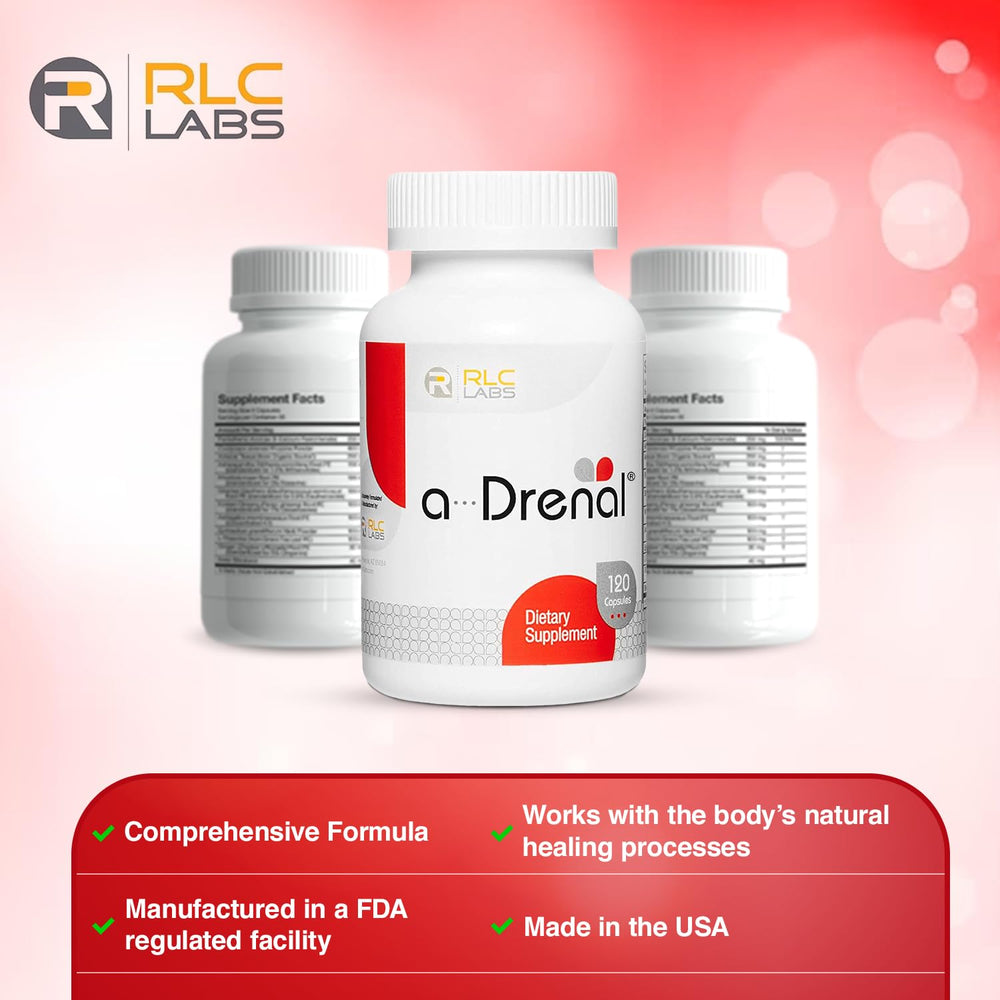 RLC Labs a-Drenal bottle side view with serving details.