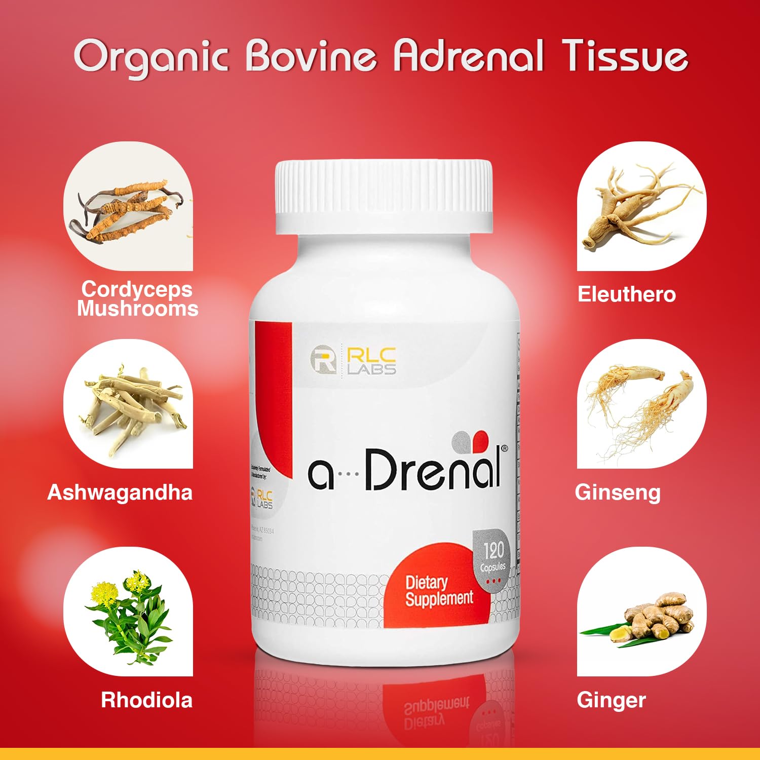 RLC Labs a-Drenal capsules close-up highlighting herbal ingredients.