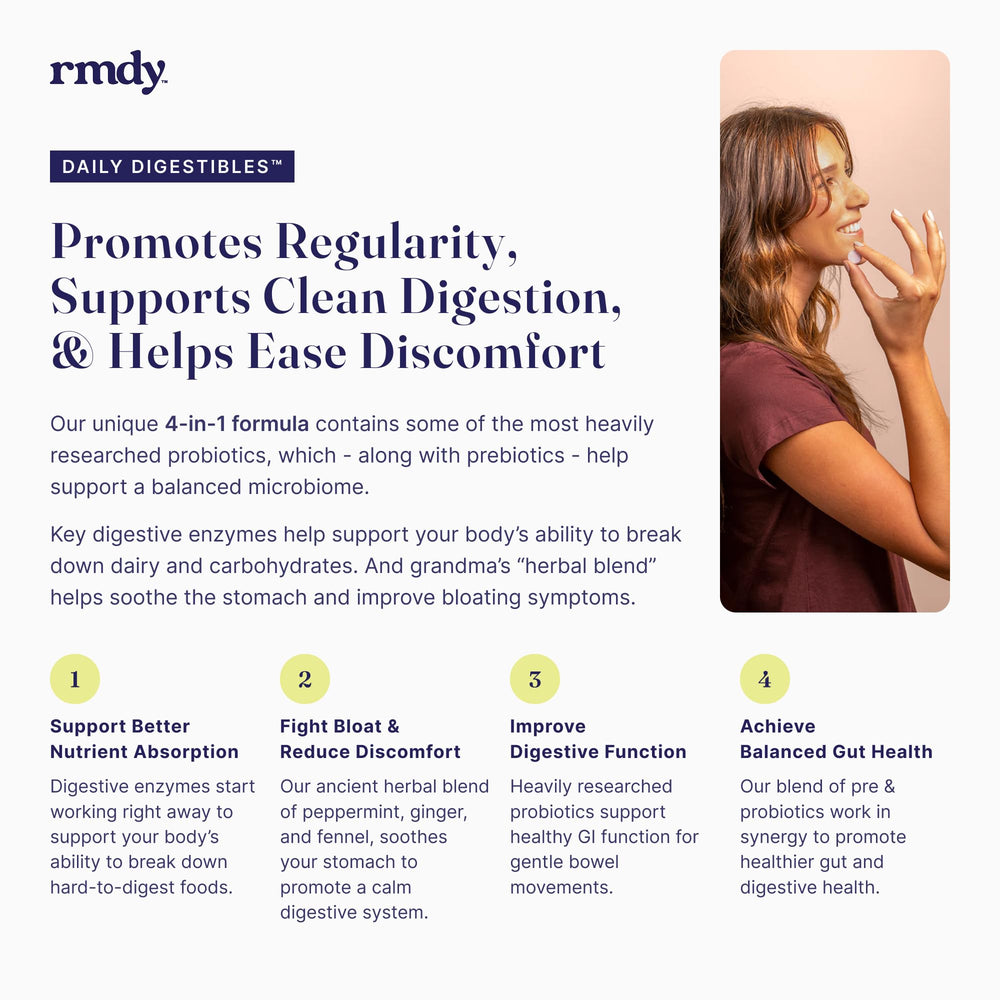 Rmdy probiotic capsules highlighting gut health support