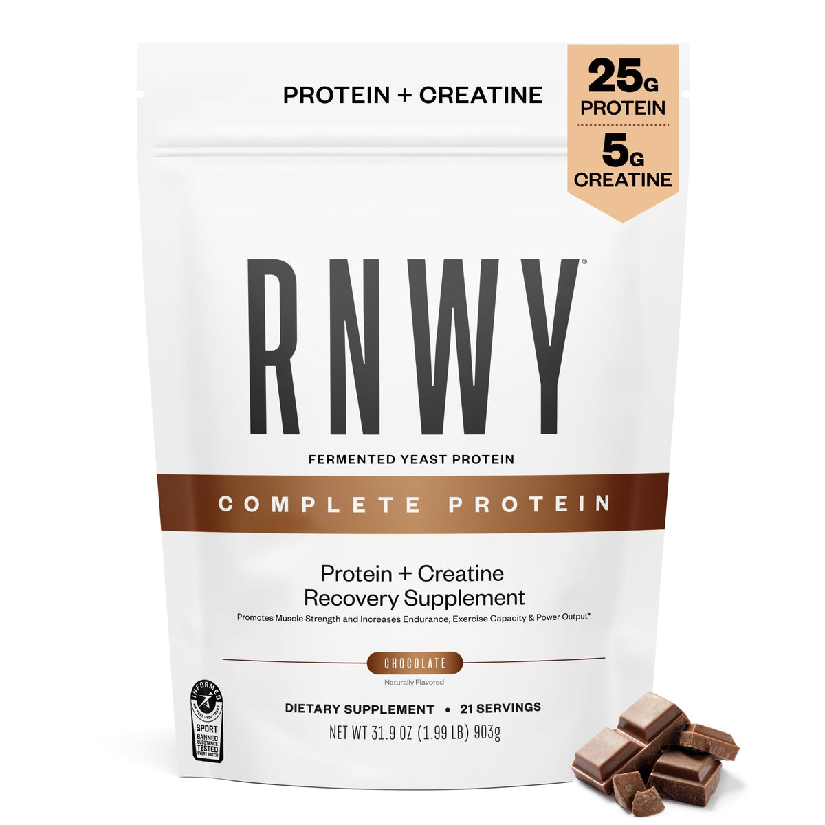 RNWY 25g chocolate protein 5g creatine bottle shows vegan performance shake option