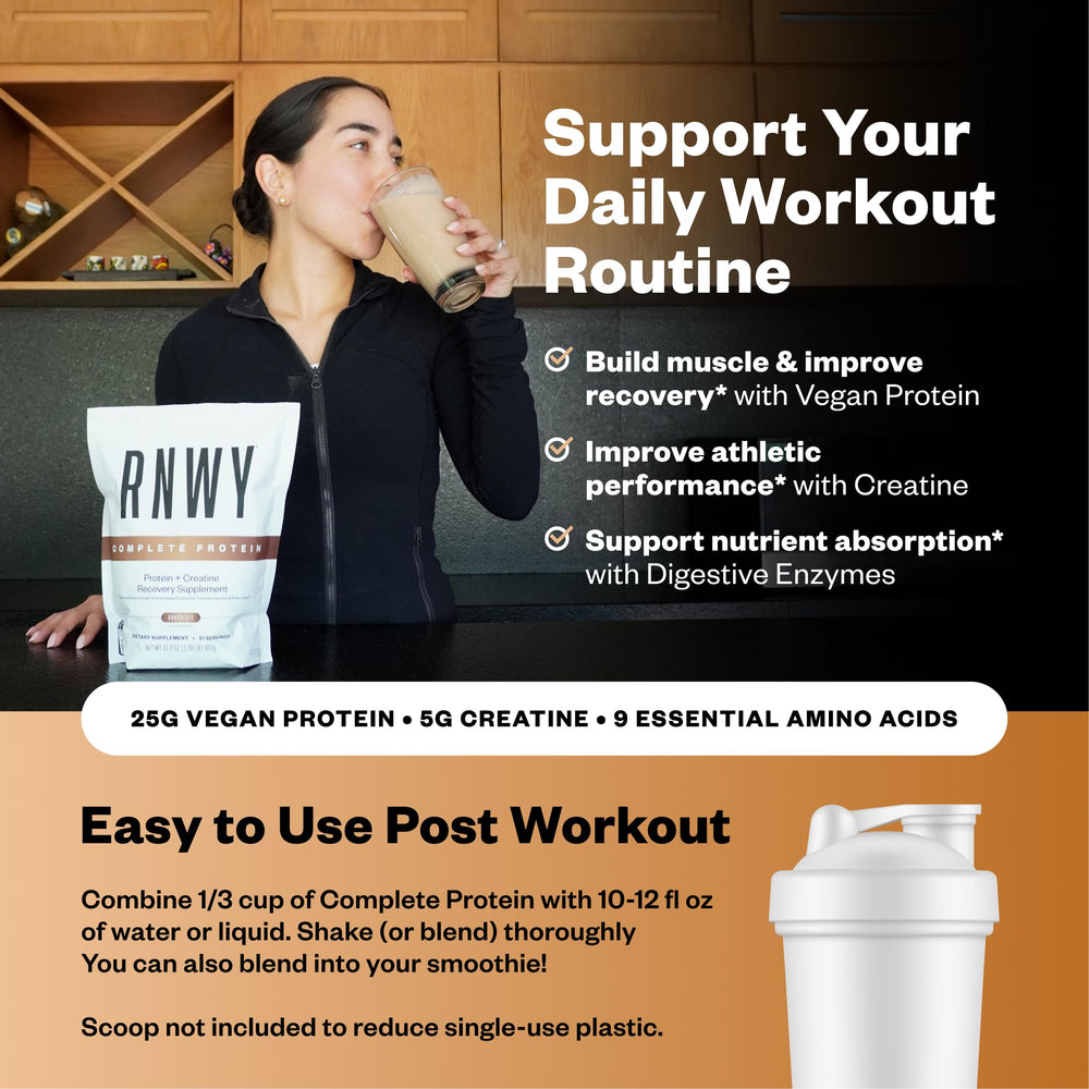 RNWY post-workout recovery shake ready to blend with water or plant milk
