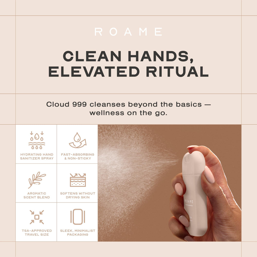 Roame Cloud 999 bottle highlighting fast-drying, no-water hygiene
