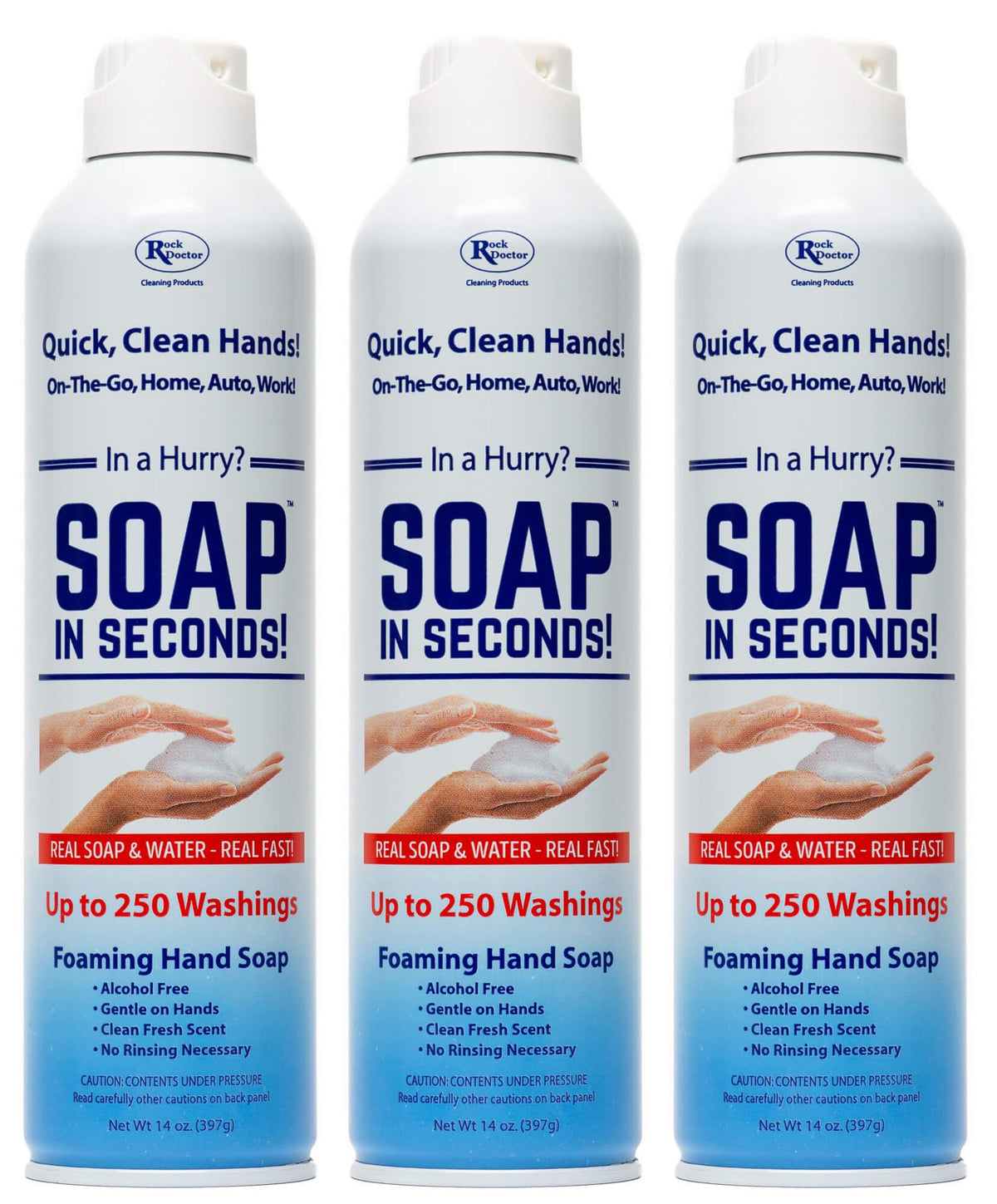 Rock Doctor foaming hand soap spray dispenser for quick, rinse-free cleaning on the go.