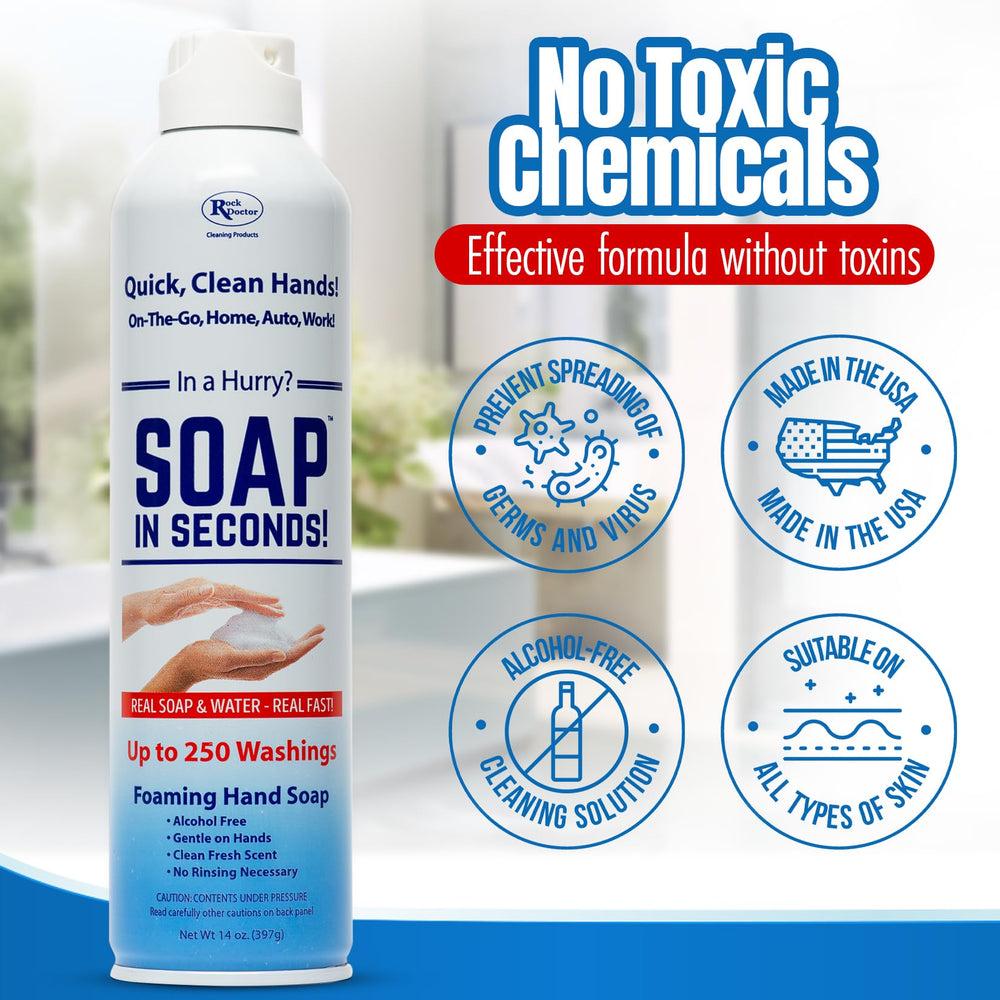 Rock Doctor foaming soap close-up showing rich lather and gentle formula for sensitive skin.