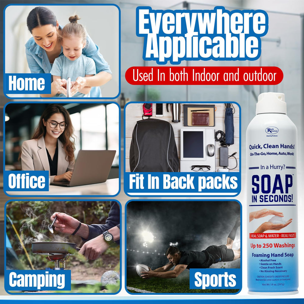Rock Doctor hands with foam drying quickly, no rinse needed, perfect for travel.