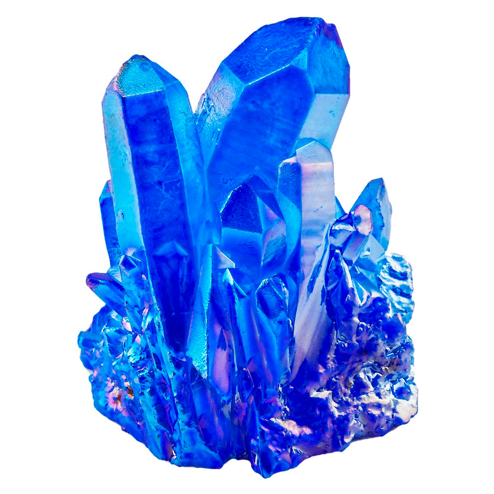 Rockcloud blue quartz geode cluster with titanium coating, ideal for desk decor.