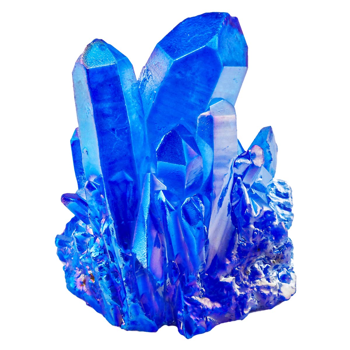 Rockcloud blue quartz geode cluster with titanium coating, ideal for desk decor.