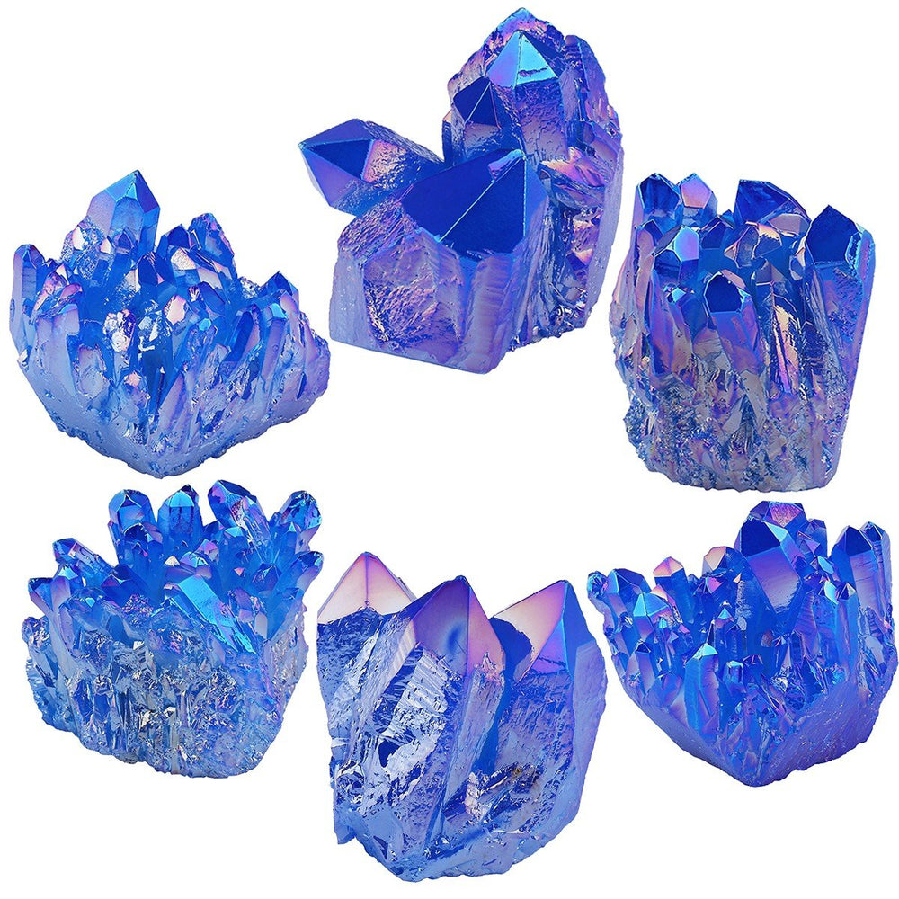 Rockcloud titanium-coated blue quartz geode on display for study spaces.