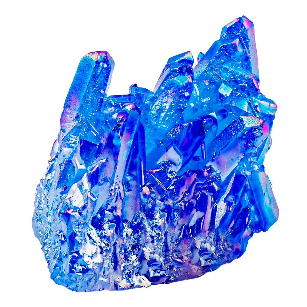 Rockcloud blue quartz geode cluster, titanium finish catches light beautifully.