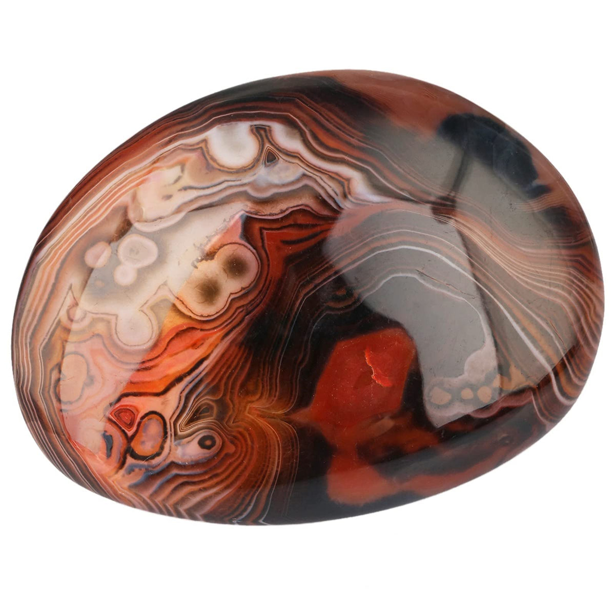 Rockcloud irregular polished banded agate palm stone, natural color bands for mindful handling.