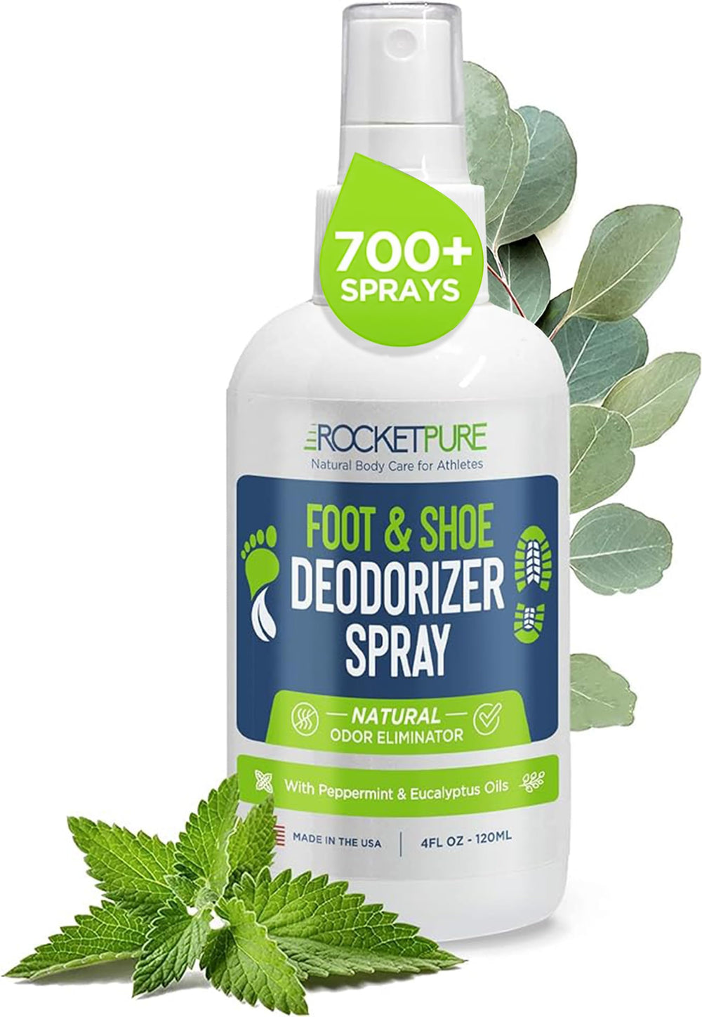 Rocket Pure foot deodorizer spray bottle displaying minty aroma and odor control.