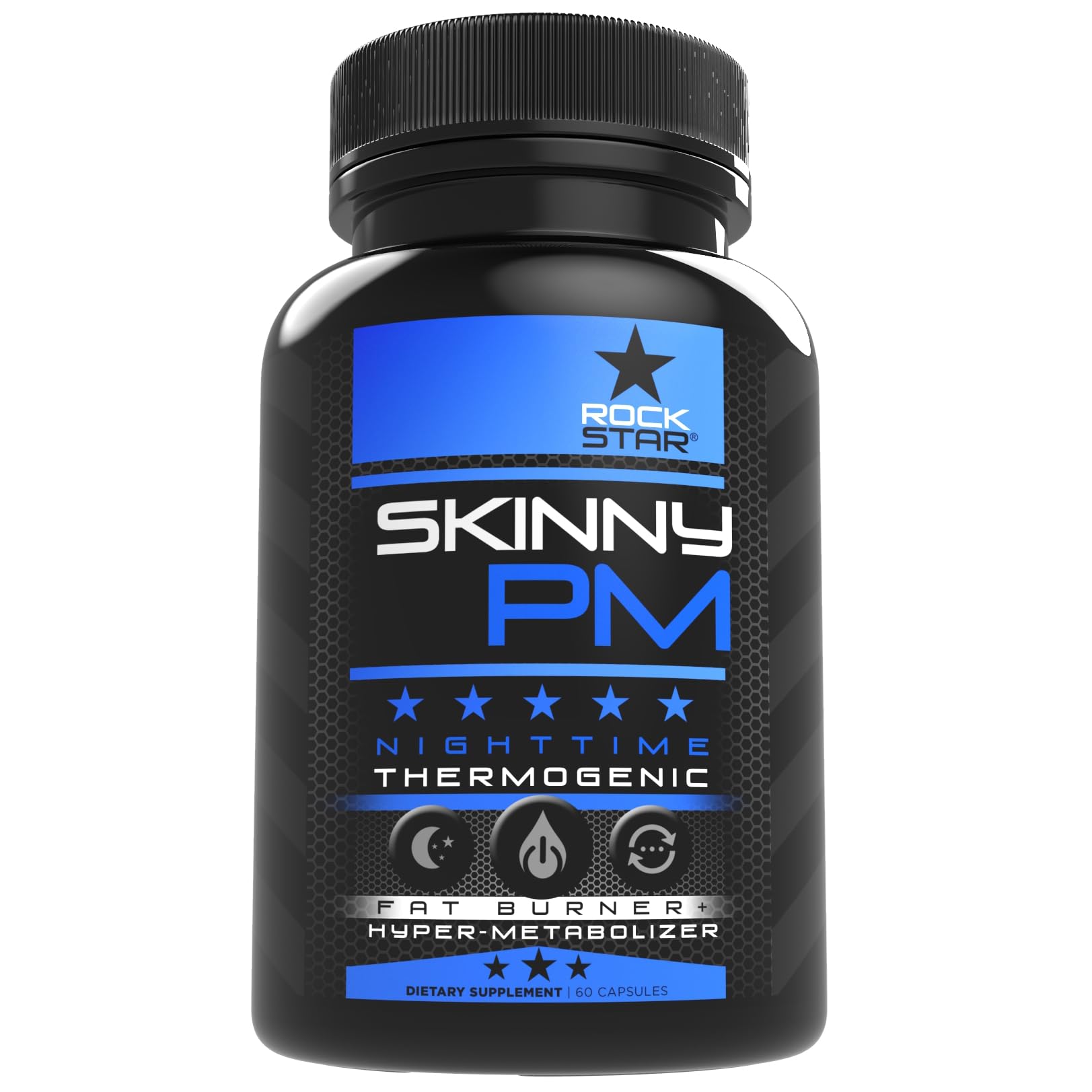 Rockstar Skinny PM bottle: nightly metabolism support for restful sleep.