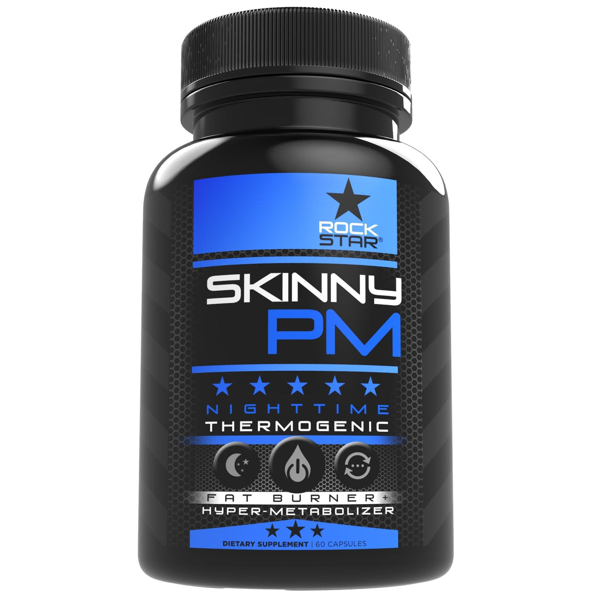 Rockstar Skinny PM bottle: nightly metabolism support for restful sleep.