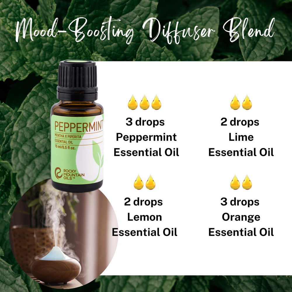 Rocky Mountain Oils Peppermint bottle closeup emphasizes purity and quality.