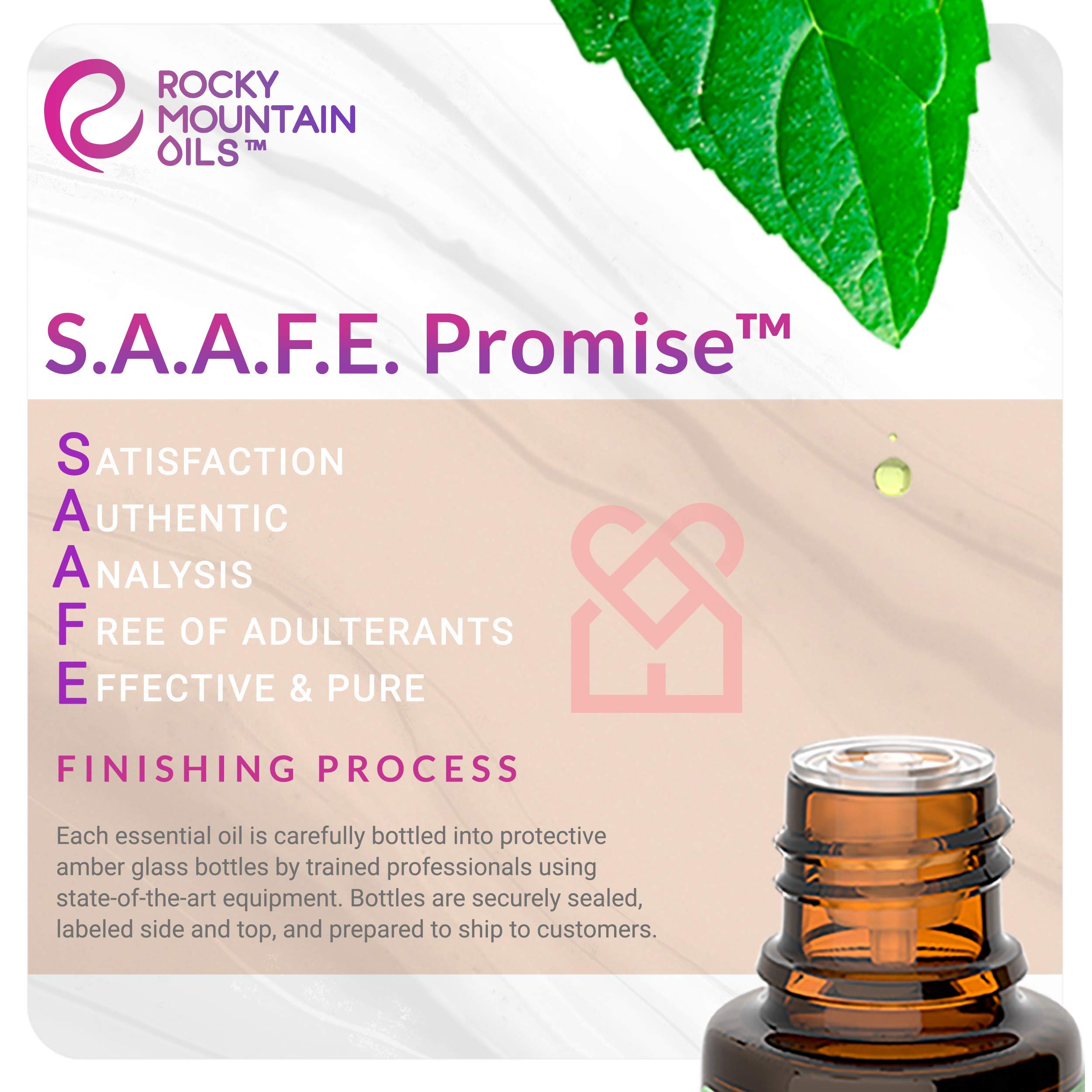 Rocky Mountain Oils Peppermint packaging showcases quality and S.A.A.F.E. promise backing purity.