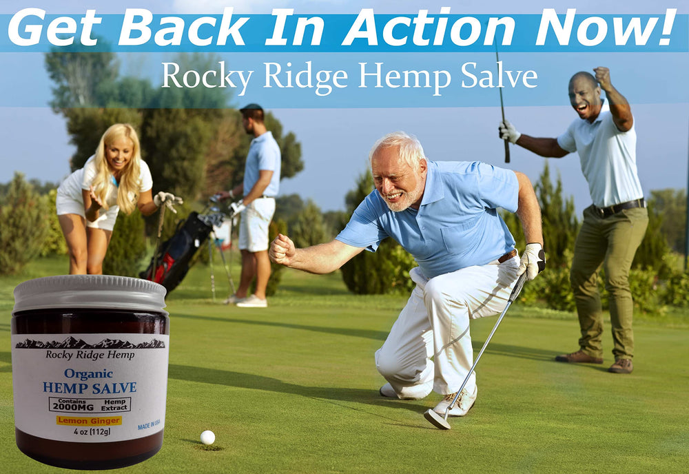 Rocky Ridge Hemp salve ingredients panel highlights organic hemp extract and omega oils.