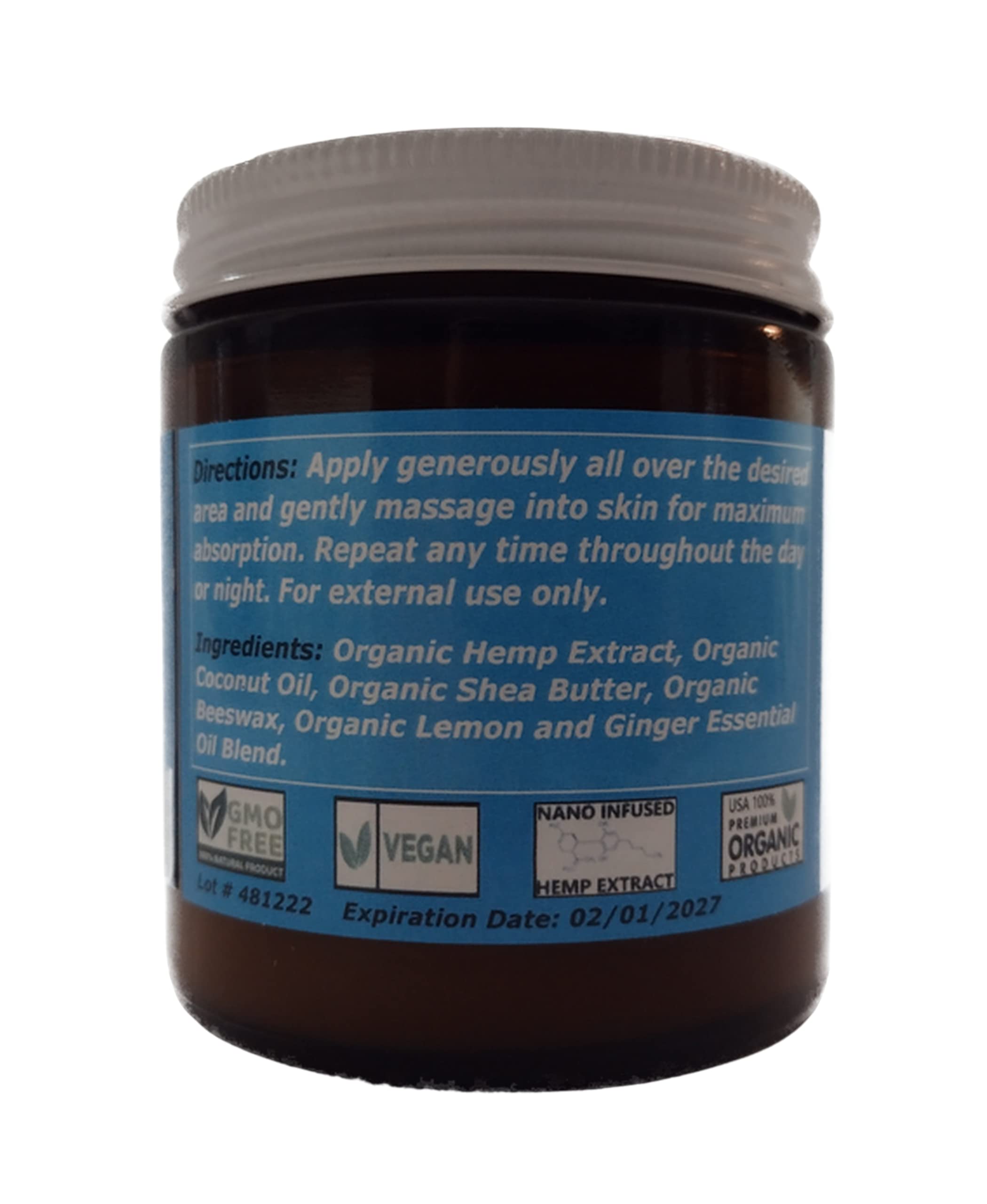 Rocky Ridge Hemp salve label closeup showing organic ingredients and USA-made promise.