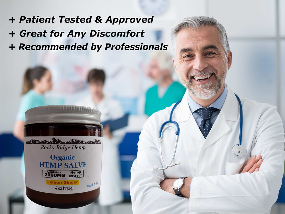 Rocky Ridge Hemp salve on skin near joint area hints at versatile use.