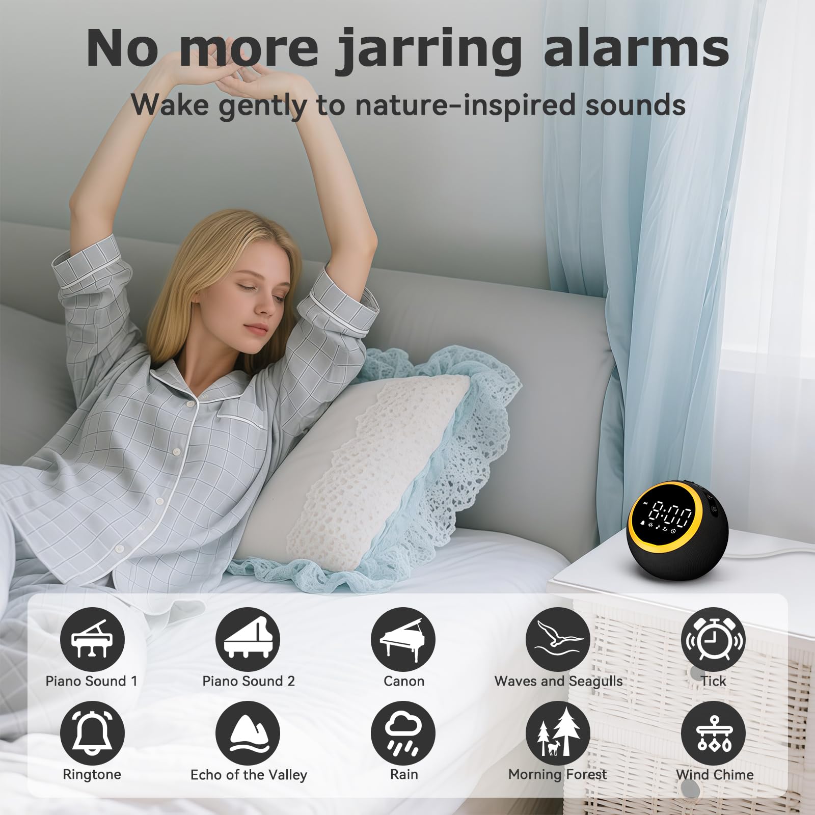 Rohent alarm clock soft wake tones illustration for gentle mornings
