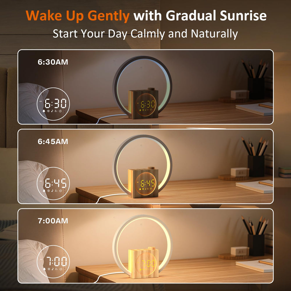 Rohent Sunrise Alarm Clock wood-grain finish adds refined bedside style