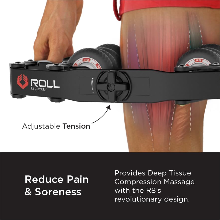 ROLL Recovery R8 Plus carbon black rolling surface enables adjustable pressure for deep tissue work