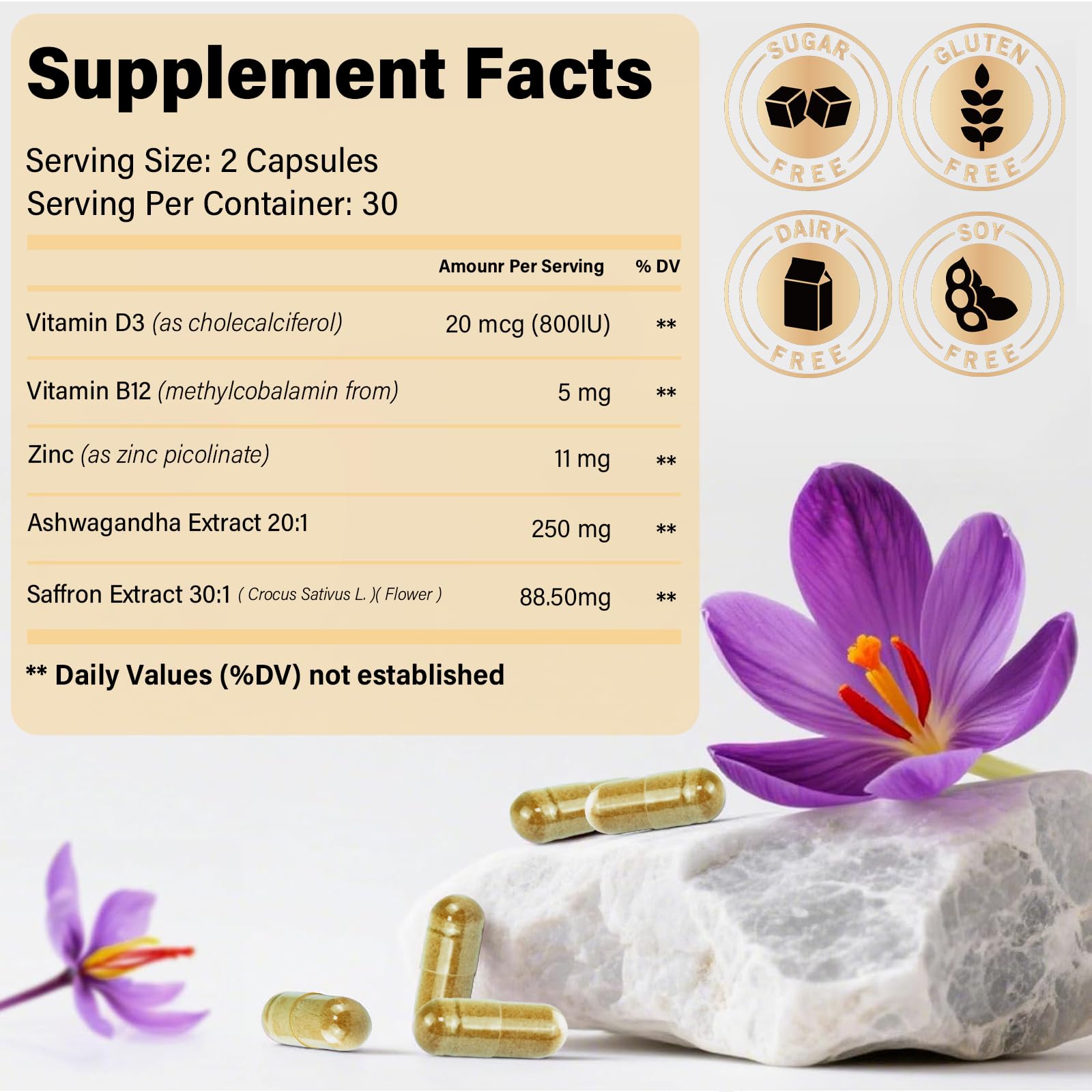 Rolphood saffron capsules closeup highlights daily use for focus.