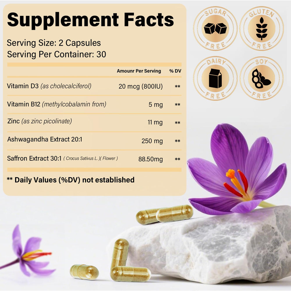 Rolphood saffron capsules closeup highlights daily use for focus.