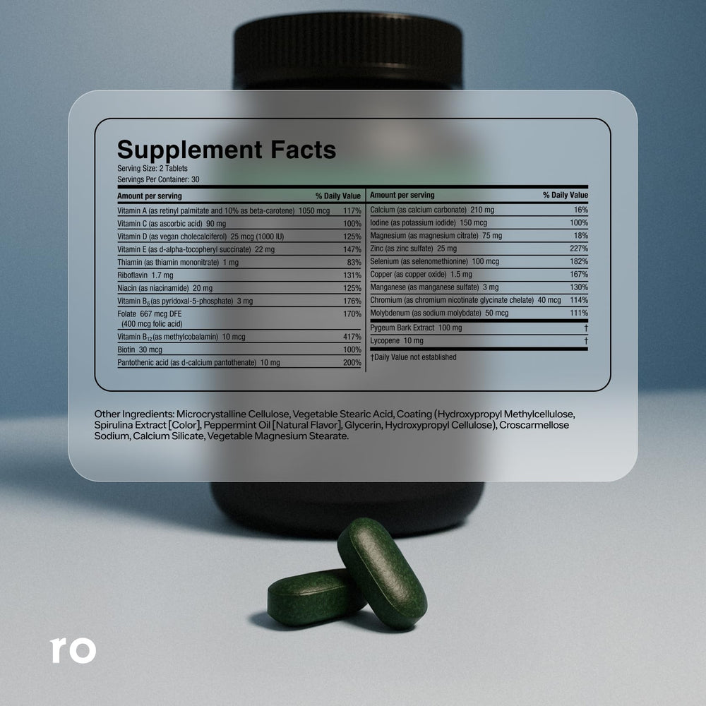 Roman RO Daily Multivitamin for Men packaging close-up shows 60-day supply and clear labeling