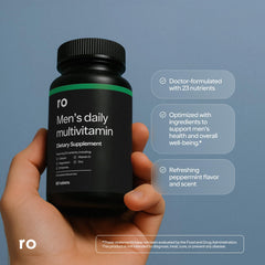 Roman RO Daily Multivitamin for Men tablets close-up highlighting vitamins and minerals for activity and immunity