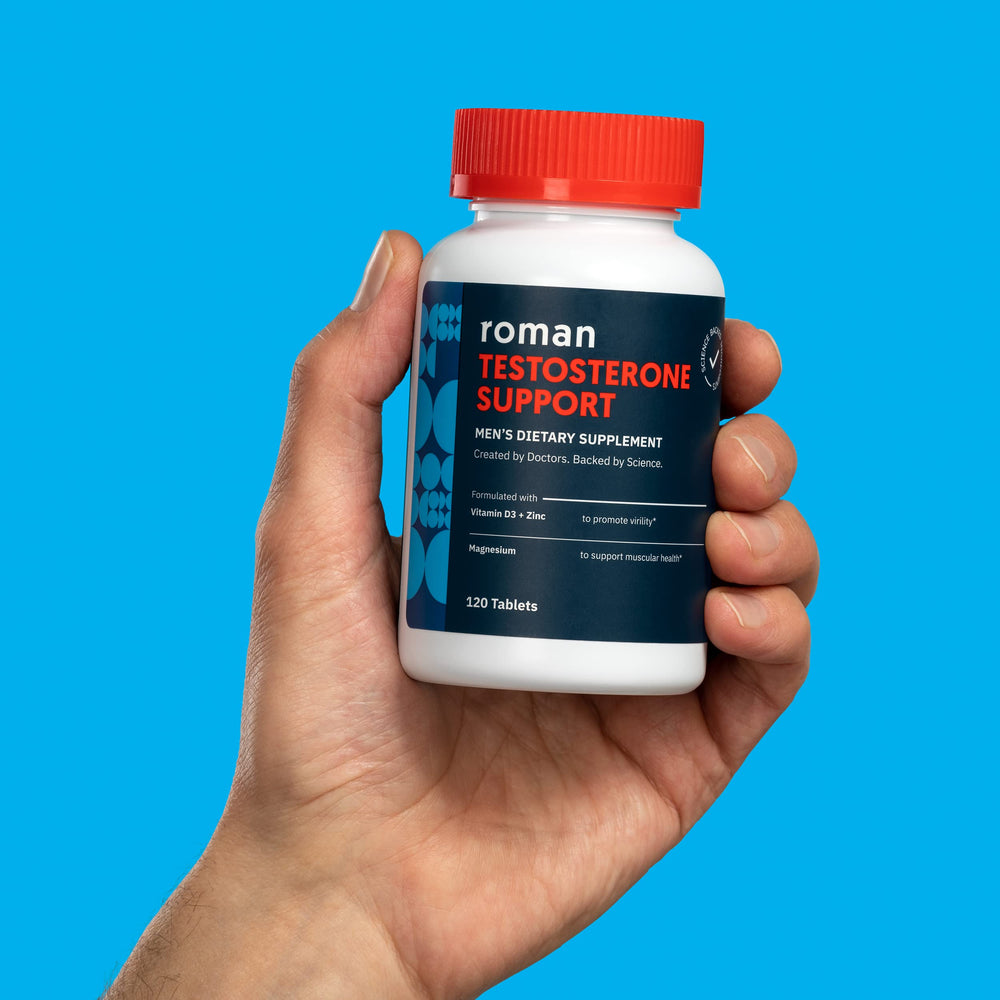 ROMAN Ro Testosterone Support bottle in cabinet for easy daily access