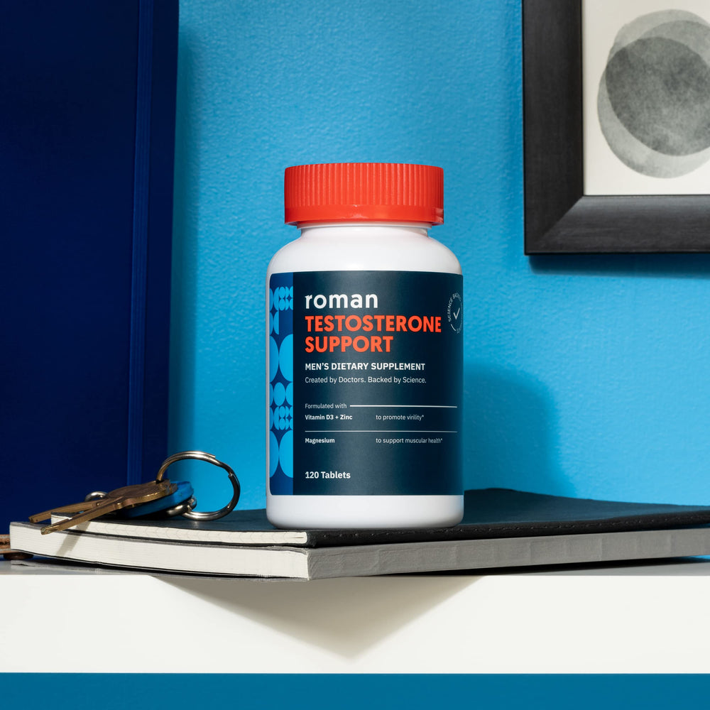 ROMAN Ro Testosterone Support bottle on desk during morning routine