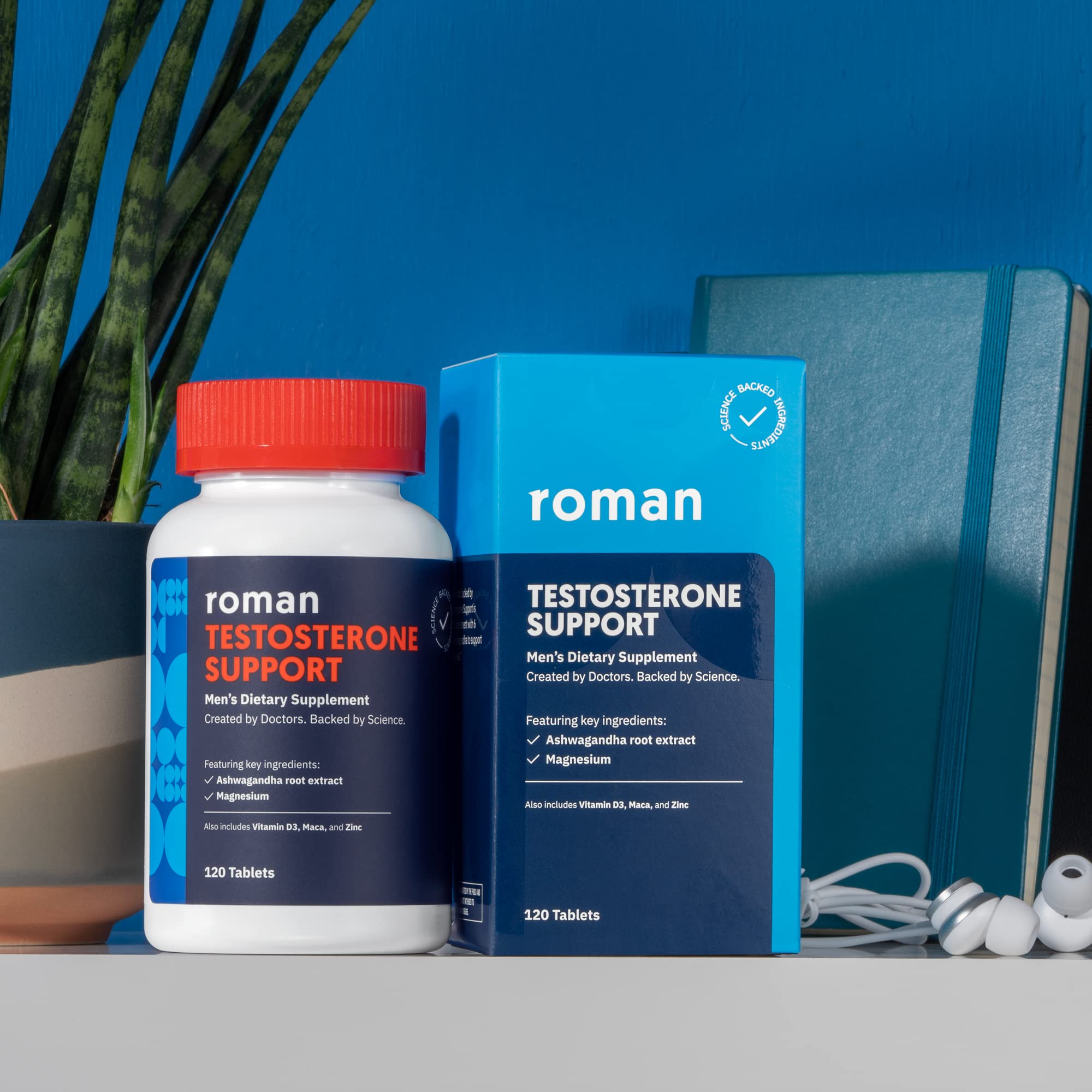 ROMAN Ro Testosterone Support bottle with gym gear in the background