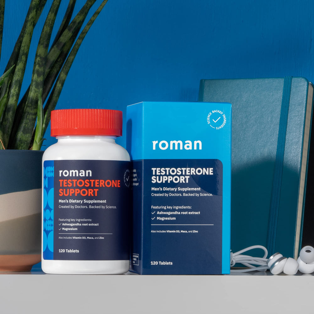ROMAN Ro Testosterone Support bottle with gym gear in the background