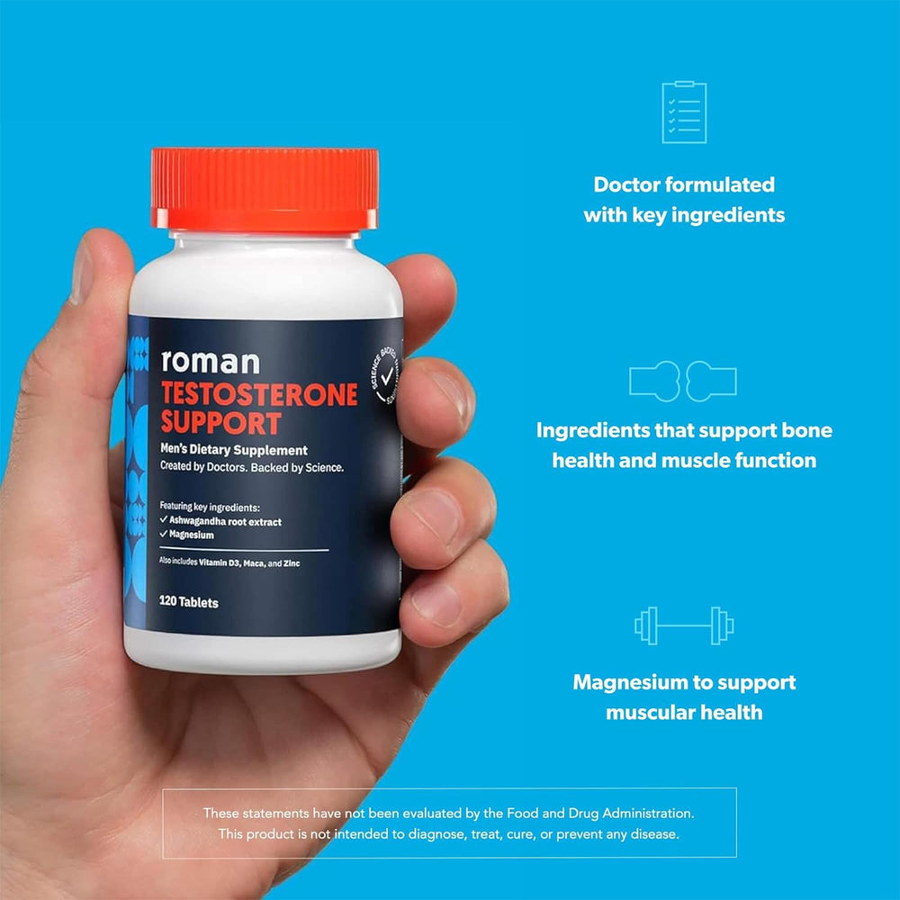 ROMAN Ro Testosterone Support label close-up highlighting ashwagandha and minerals for muscular health
