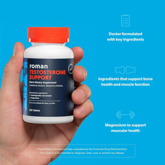 ROMAN Ro Testosterone Support label close-up highlighting ashwagandha and minerals for muscular health