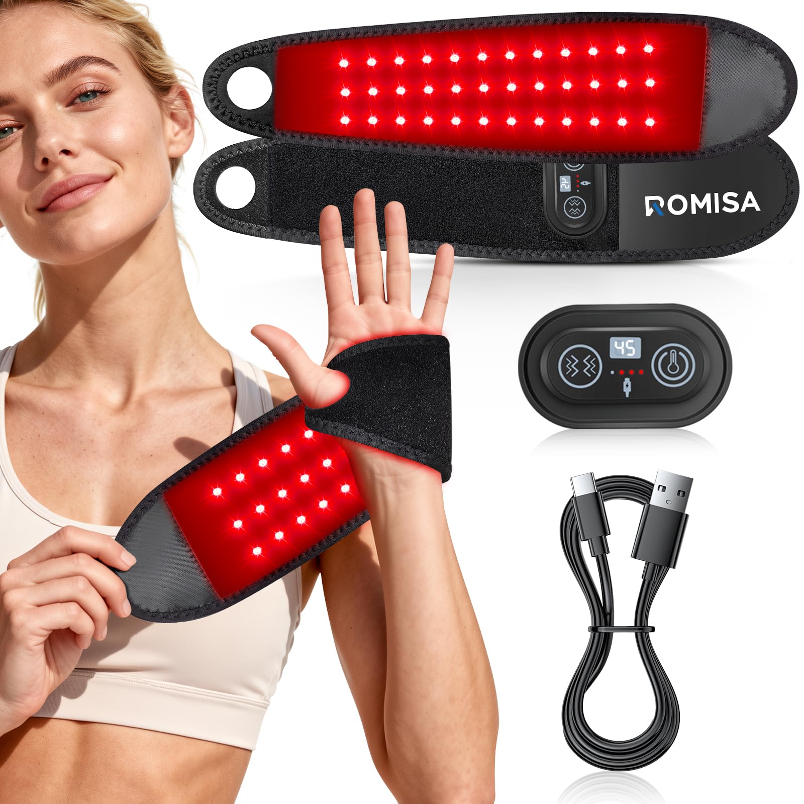 ROMISA red light wrist wrap front view with dual LEDs for targeted therapy