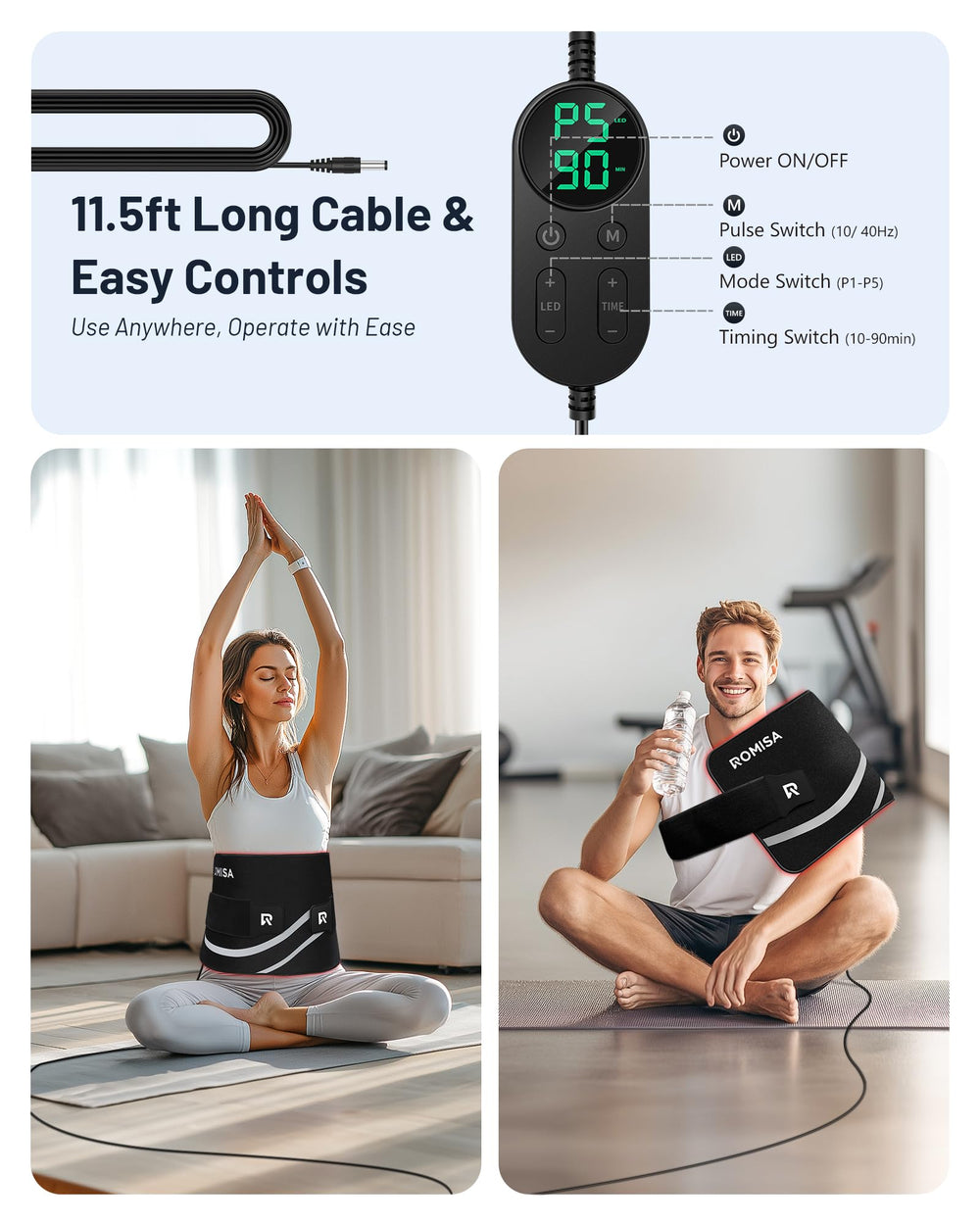 ROMISA Therapy Pad control panel shows customizable timer and brightness.