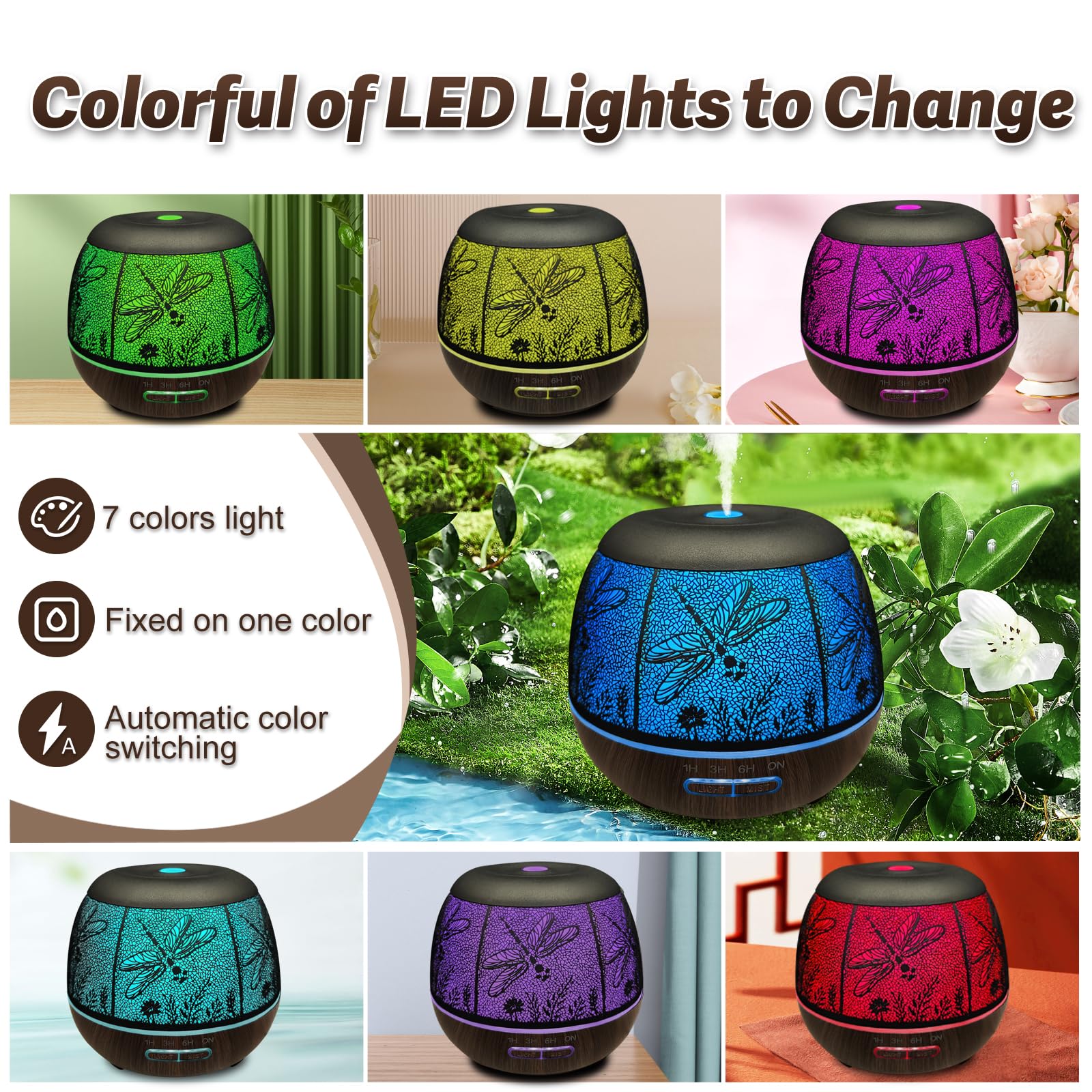 Seven color lights create mood while diffusing essential oils.