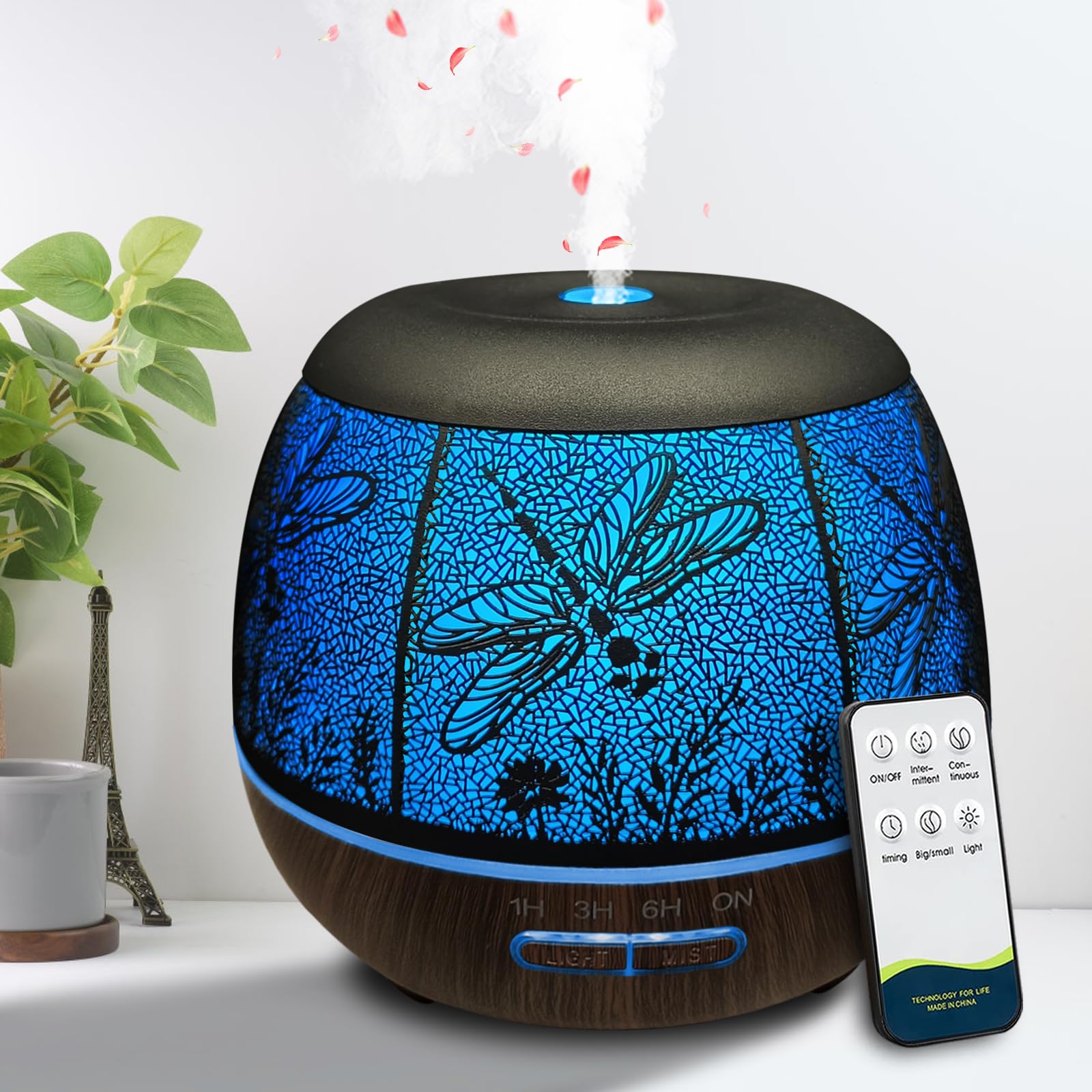 Roonbo Dragonfly diffuser with remote control and color-changing lights for ambiance.