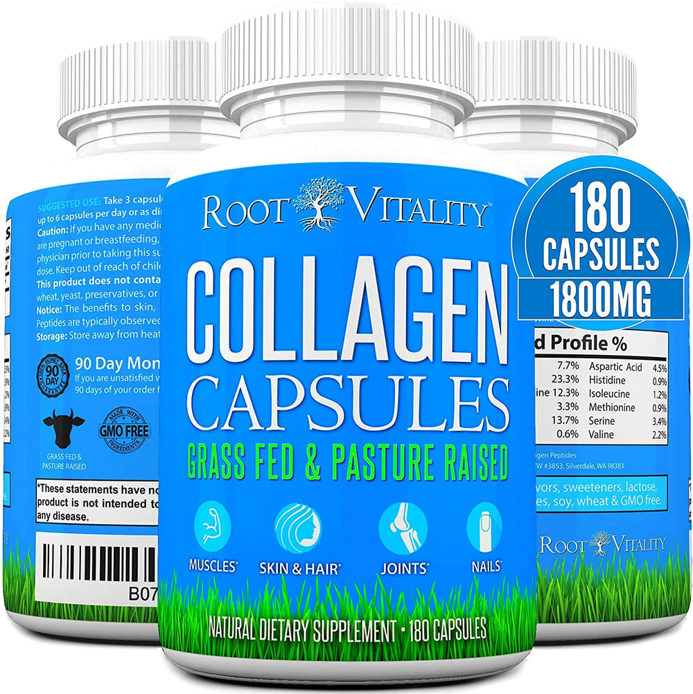 Root Vitality collagen capsules bottle closeup for convenient daily beauty support.