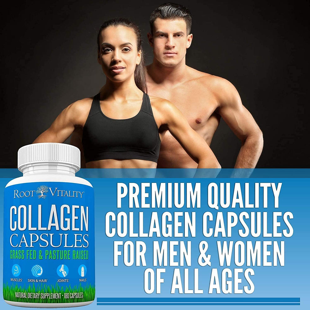 Root Vitality collagen capsules in hands suggesting simple daily supplementation ritual.