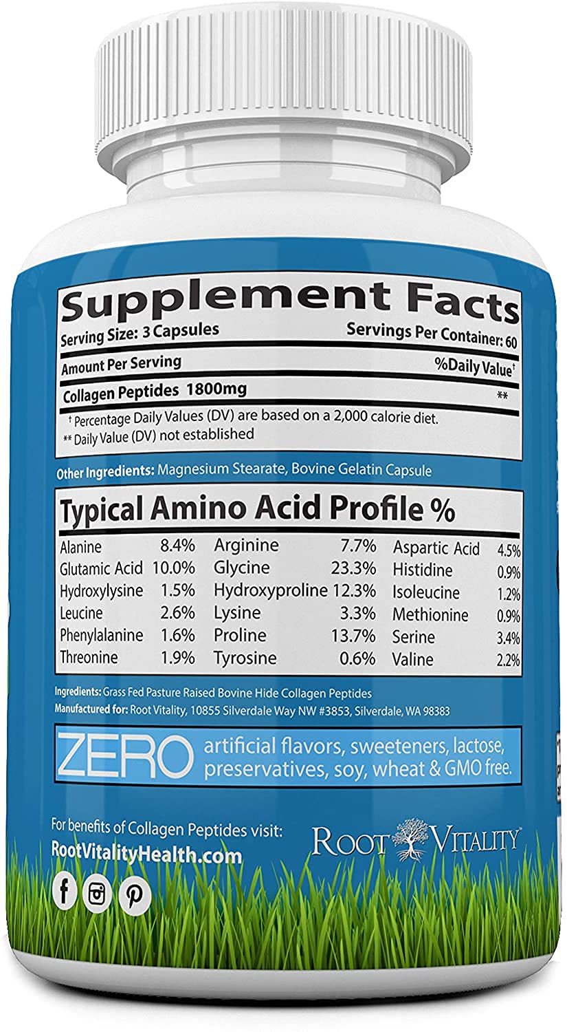 Root Vitality collagen ingredient label highlighting grass-fed, non GMO sourcing.