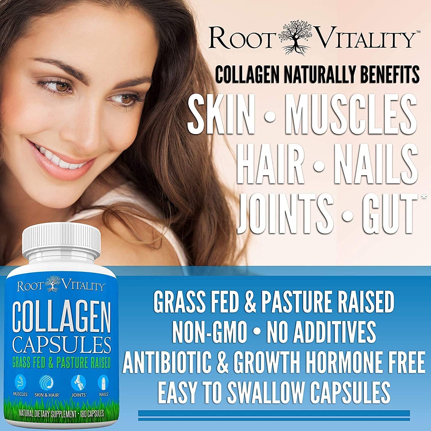Root Vitality collagen capsules pour into glass illustrating easy mix into drinks.