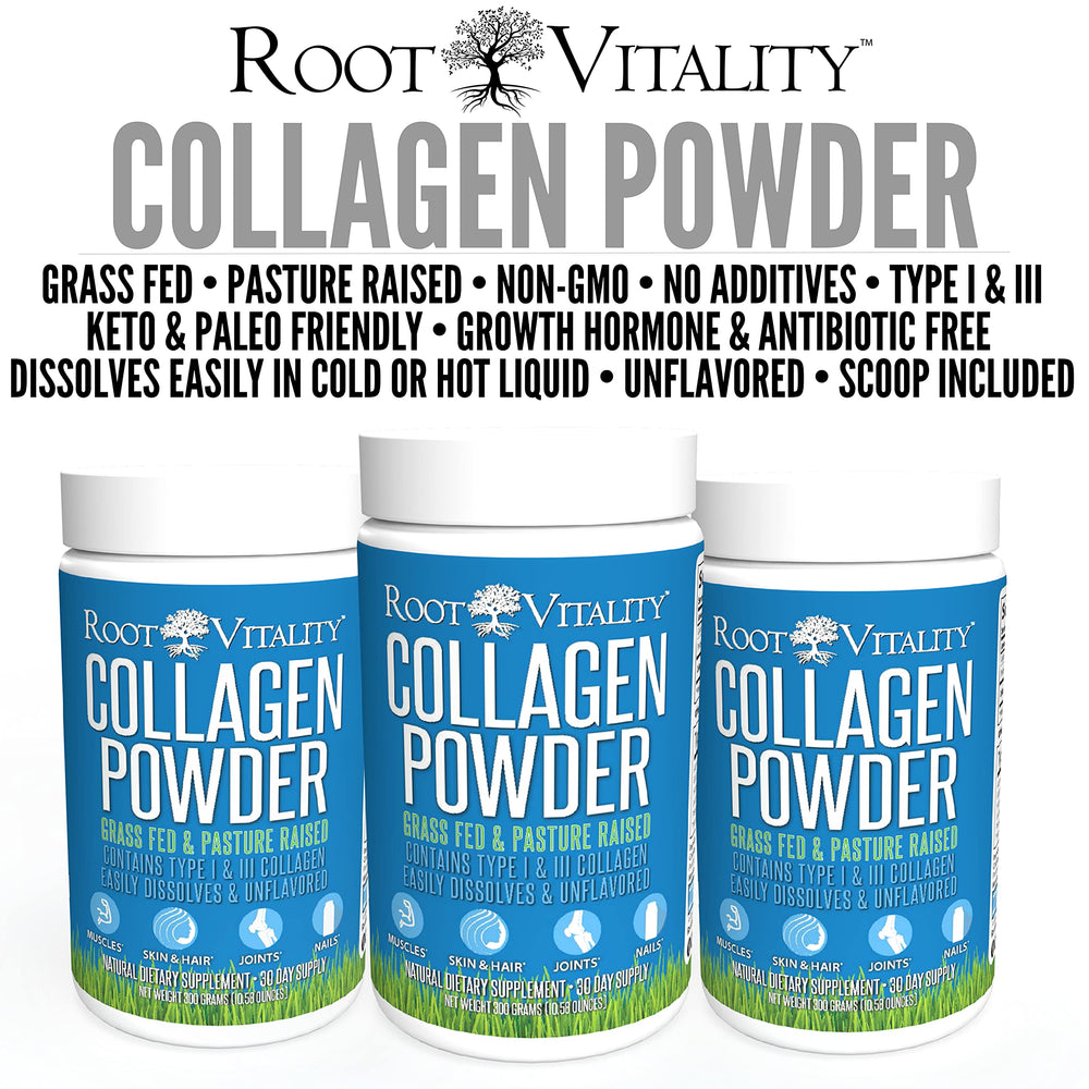 Root Vitality Collagen Peptides Powder dissolving in water delivers a neutral protein boost