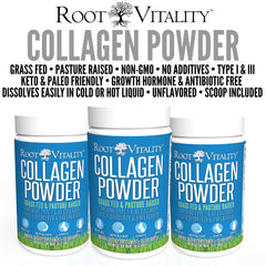 Root Vitality Collagen Peptides Powder dissolving in water delivers a neutral protein boost