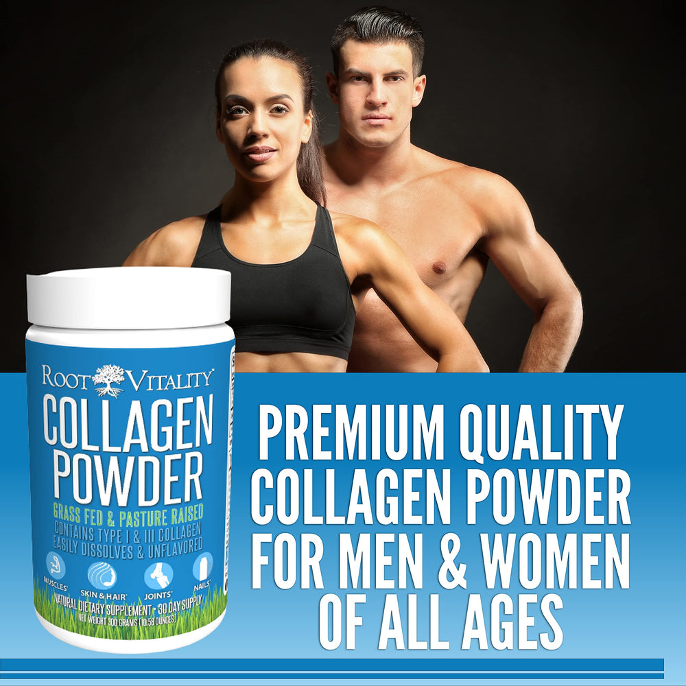Root Vitality Collagen Peptides Powder glass highlights third party tested purity