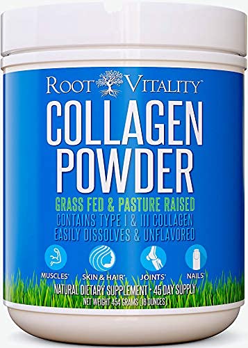 Root Vitality Collagen Peptides powder tub with multi-collagen blend for skin, hair, and nails.