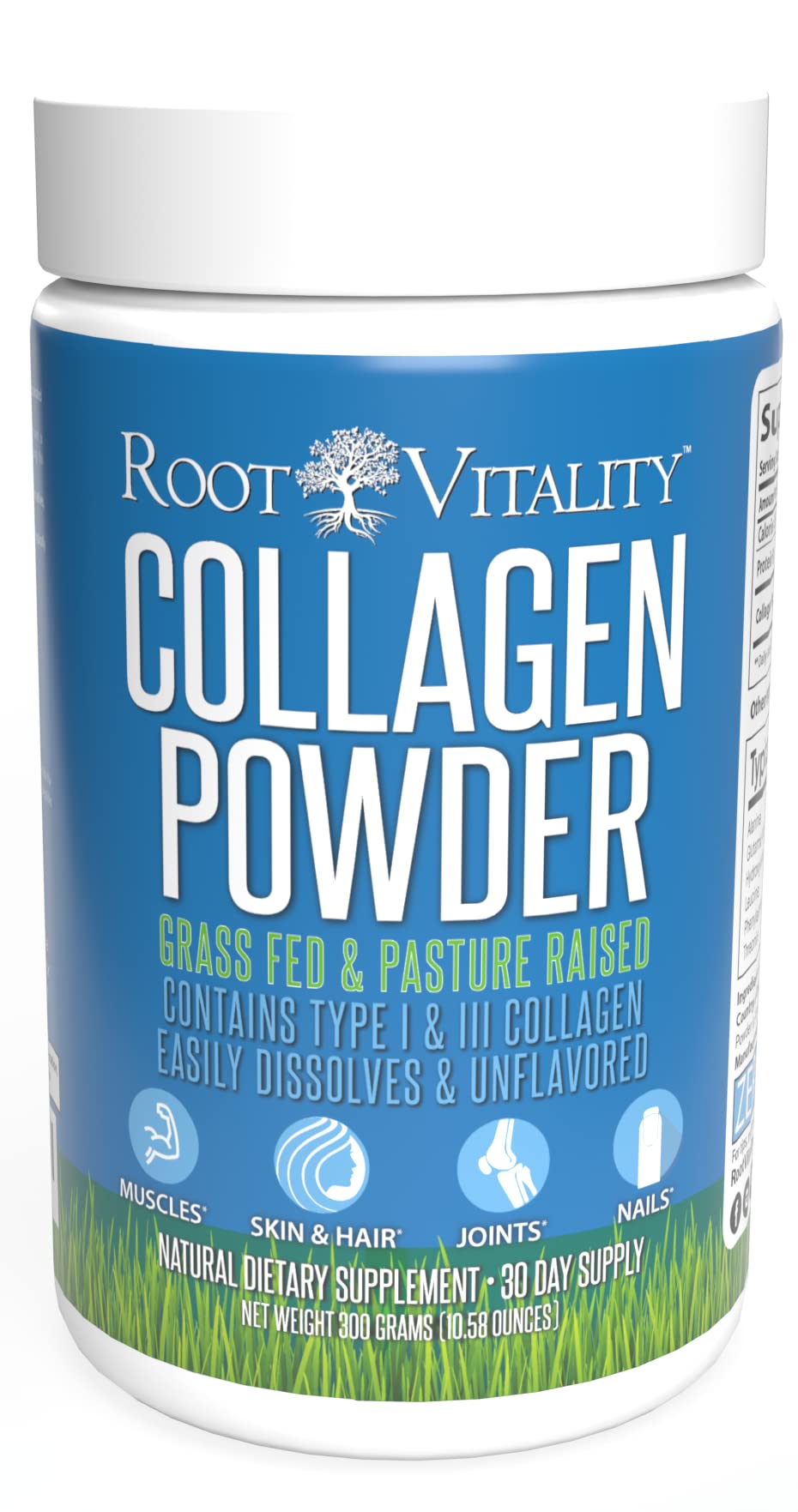 Root Vitality Collagen Peptides Powder tub highlights grass fed formula for daily skin support