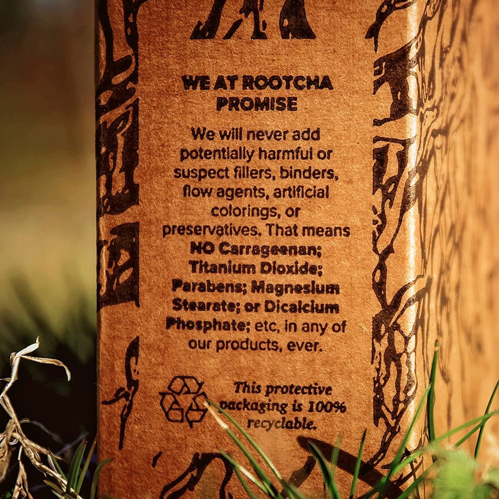 Rootcha nutrition panel shows serving size and mineral amounts.